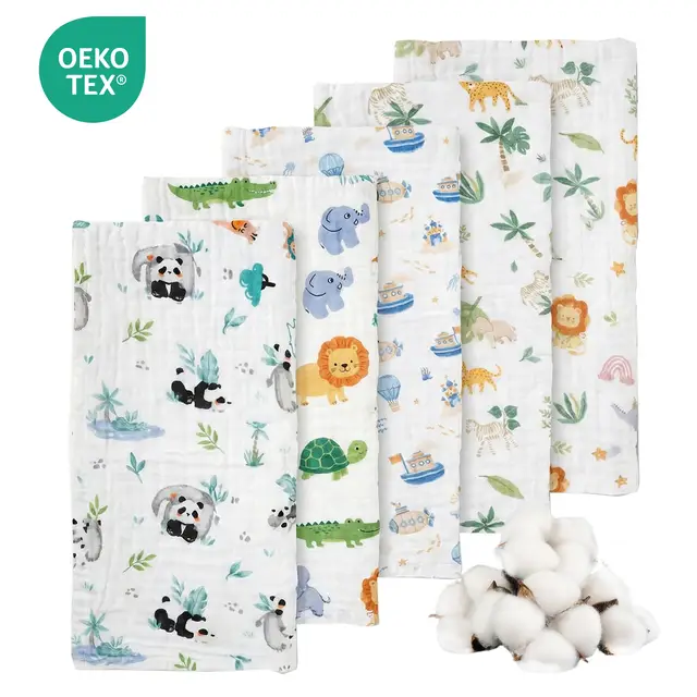 LeBonsoir Towels， Muslin Cloths for Baby， 5 Pack Burp Cloths for Baby，100% Cotton 6 Layers Absorbent& Soft& Breathable Baby Muslins Pack，50x25CM Muslin Squares Baby Essentials for Newborn-Coloured