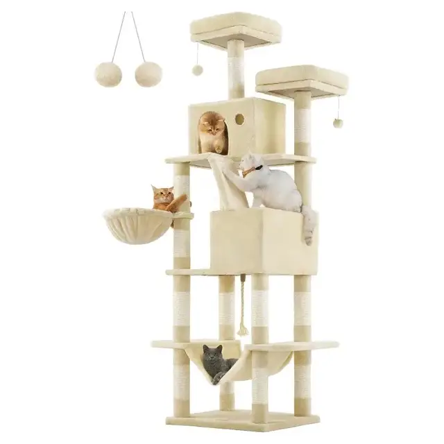 FEANDREA Grand arbre à chat - 13 poteaux, 2 plateformes, 2 cabanes, 1 hamac, niveaux multiples - Beige, 206 cm