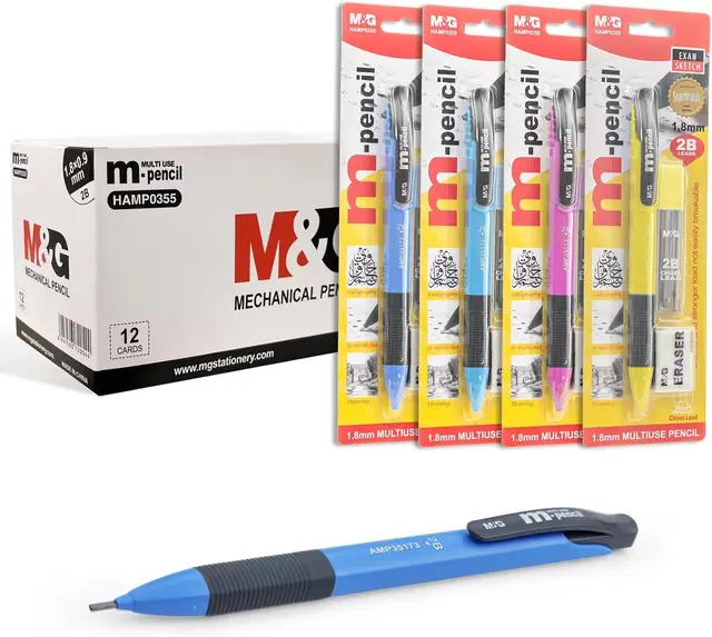 M&G Mechanical Pencil Set, 1.8 mm Lead Holder, 12 Pack Drafting Pencils with 12 Tube 2B Lead Refills and 12 Erasers, Drawing and Sketching Pencils for School and Office
