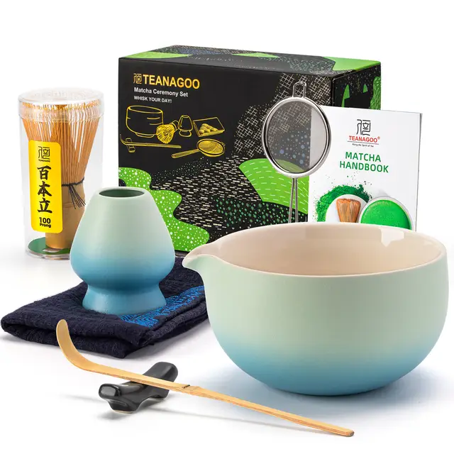 TEANAGOO Fouet à Matcha, Set Matcha, Kit Matcha Dégradé Bleu, Set à Thé Matcha pour Préparer Petit-Déjeuner/Latte, Set Fouet à Matcha et Bol avec Tous les Accessoires, Cadeau pour Amateur de Matcha, Soldes du Nouvel An, Idées Cadeaux Incontournables
