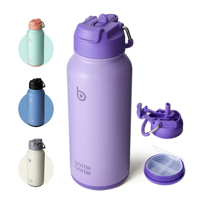 Bottle Bottle Gourde de sport en acier inoxydable avec paille anti-fuite, Violet, 1 L (33,8 oz), Offre spéciale Nouvel An, Idée cadeau