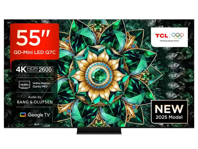 TCL 55Q7C QLED Mini LED Fernseher, 55 Zoll, 4K HDR Premium, Dolby Vision IQ & Atmos, Smart TV mit Google TV, Bang & Olufsen 6.2.2 Sound, 144Hz VRR, AMD FreeSync Premium Pro, HDMI 2.1, AirPlay 2, Alexa, IMAX Enhanced