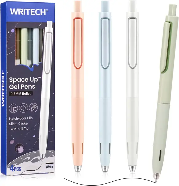 WRITECH Gelstift, feine Spitze, 0,5 mm, rückziehbar, schwarz, flüssig für Journaling, leiser Klick, 4er-Set, Up-Gel