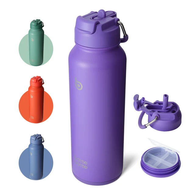 Bottle Bottle Gourde de sport en acier inoxydable avec paille et poignée, compartiment pour comprimés, 1 L (33,8 oz), violet foncé, Vente du Nouvel An, top picks pour cadeaux