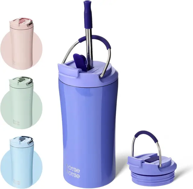 Bottle Bottle dubbelwandige ijskoffiemok met dubbelzijdige deksel en dubbelzijdige rietjes, 12 oz, roestvrij staal, paars, nieuwjaarsaanbieding, topkeuzes voor cadeaus