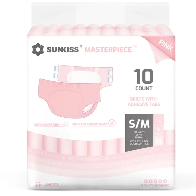 SUNKISS Masterpiece Windeln für Erwachsene mit ultimativer Saugfähigkeit, Einweg Inkontinenz Slips für Männer und Frauen, mit Tabs, Auslaufschutz bei Blasenschwäche, Rosa, Größe S/M, 10 Stück