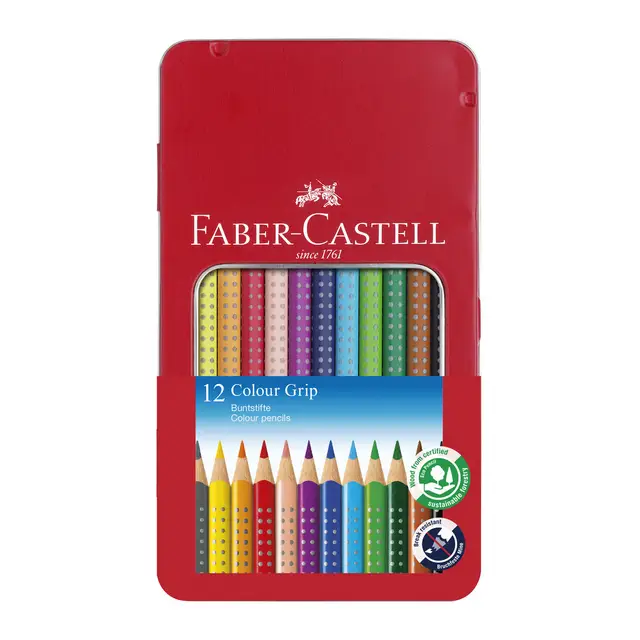 Faber-Castell Colour Grip Non Slip Grip, Assorted Colours, Tin of 12 Ergonomic Triangular Shape