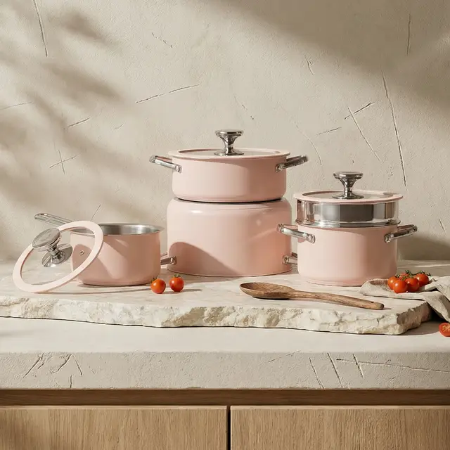 PURECOOK Colored Ceramic-Coated 304 Stainless Steel 4-Piece Cookware Set Series
16cm Milk Pot, 18cm Soup Pot with Steamer Insert , 22cm Hot Pot, 24cm Stock Pot - Pink Ceramic Coating, Multi-Ply Base, Heat-Conducting Silicone Glass Lid, 304 Stainless Steel