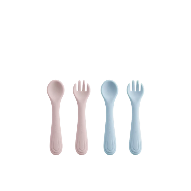 BC Babycare Kit cuillère et fourchette en silicone mini poignée, ustensiles pour repas autonome, pour bébés de plus de 6 mois, sans BPA – Diversification et autonomie, Rose + Bleu