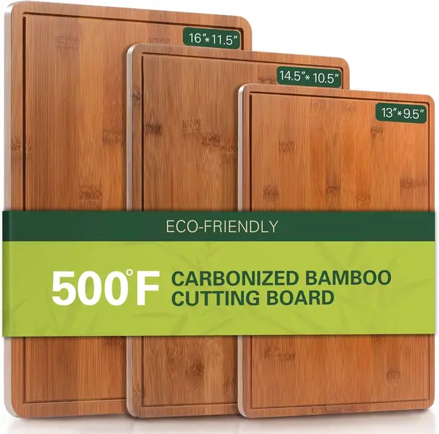 VVM Gecarboniseerde bamboe snijplanken voor de keuken, XL duurzame houten snijplank met sapgroeven en handgrepen, set van 3 stevige serveer- en borrelplanken voor maaltijdvoorbereiding en serveren