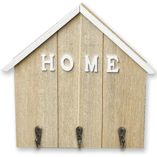 Alphynix Hausförmiger Schlüsselanhänger, Wandmontierter Organizer "HOME" mit 3 antiken Metallhaken, Schlüssel- und Postablage für den Eingangsbereich, aus Holz, 1 Stück