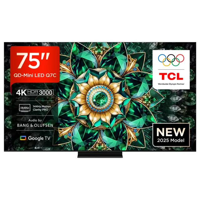 TCL 75Q7C QLED Mini LED Fernseher, 75 Zoll, 4K HDR Premium, Dolby Vision IQ & Atmos, Smart TV mit Google TV, Bang & Olufsen 6.2.2 Sound, 144Hz VRR, AMD FreeSync Premium Pro, HDMI 2.1, AirPlay 2, Alexa, IMAX Enhanced