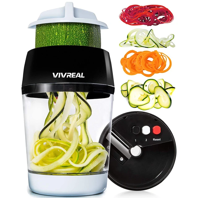 Vivreal Groentespiralizer – 4-in-1 Groentesnijder & Courgette-Spiraalsnijder met container – Handheld spiralizer voor groentespaghetti, pasta, noedels, wortel & komkommer – Compacte spirale snijder, eenvoudig wisselen van messen
