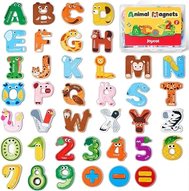 JoyCat Alphabet- & Zahlenmagnete aus Holz - große Ausführung, Tier-Motiv ABC, Set mit 26 Großbuchstaben und Zahlen von 0-9 für Kleinkinder, Neujahr-Angebot, Top-Geschenkideen