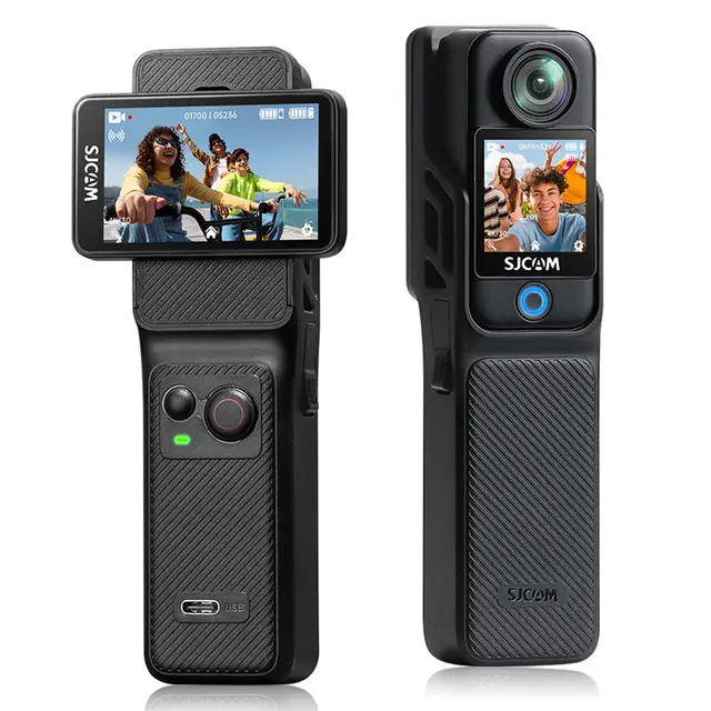 SJCAM C400 4K Actionkamera mit 6-Achsen EIS Dualen Touchscreens 2.29 Zoll Klappdisplay 437 Min Akkulaufzeit Kompakt 14.4x3.9x3.9cm Gehäuse 30m Wasserdicht mit Gehäuse 16MP Fotos 154° Weitwinkel 2K Zeitlupe Schnelles 5GHz WiFi zum Handy für Radfahren Wandern Angeln Vlogging