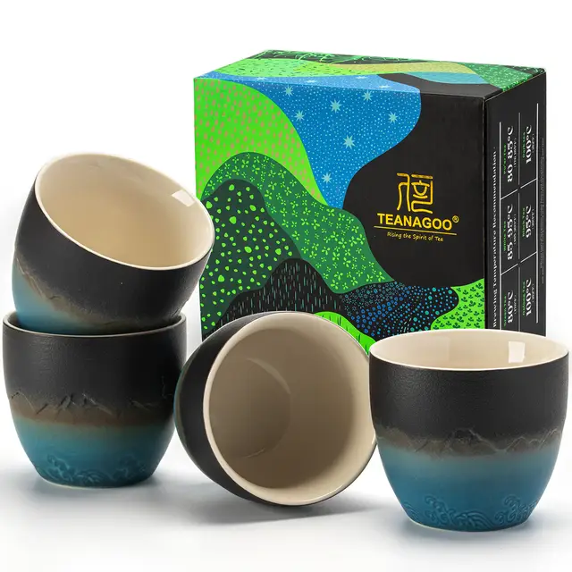 TEANAGOO Tasses à Thé Japonaises, 5.6 oz/160ml, Dégradé Bleu Marine, 4 Pièces/Boîte, H23, Tasses à Thé Asiatiques Sans Anse, Céramique pour Thé Japonais et Chinois, Soldes du Nouvel An, Idées Cadeaux Incontournables