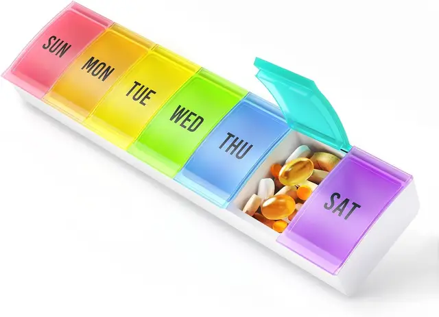 VVM wekelijkse pillendoos met gekleurde deksels, eenvoudig te openen pillendoos 7 dagen met veilige sluiting, medicijnorganizer voor artritis, pillenhouder, dagelijkse pillendoos voor vitamines, medicijnen en supplementen