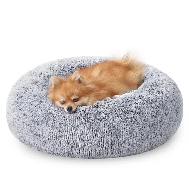 FEANDREA Fluffy Dog Bed, Cat Bed, Doughnut Cushion, 60x60x20cm, Grey