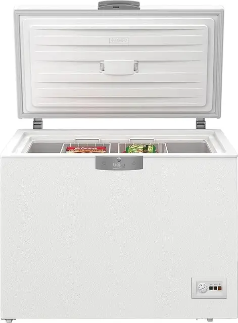 Beko HSM22340 Freezer, 230 L Usable Volume, 2 Freezer Baskets, Temperature Alarm, Lockable, LED Display System, Interior Lighting, 35 dB (A), Transport Wheels, White
