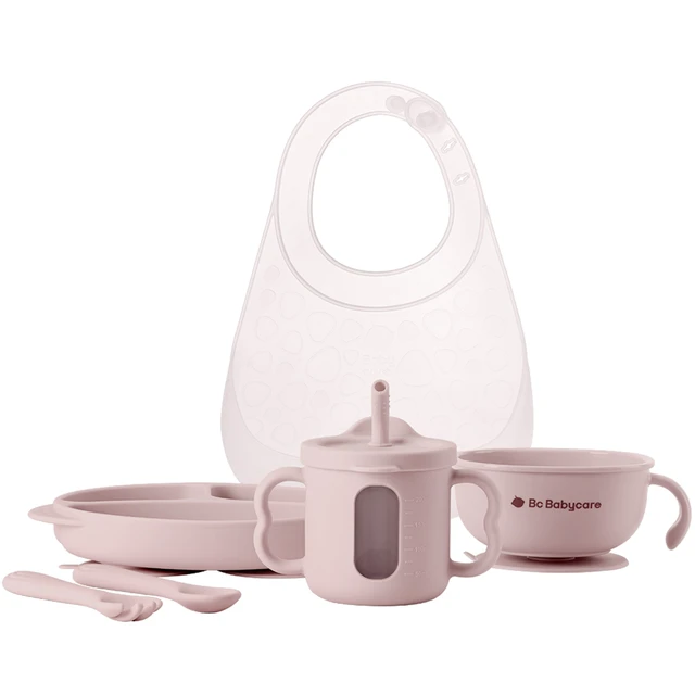 BC Babycare Kit repas bébé en silicone 6 pièces | Assiette ventouse, bol, bavoir, gobelet paille, fourchette et cuillère | Vaisselle sans BPA (Rose)