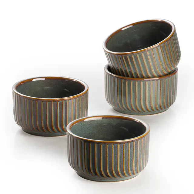 DAFUCERAMIC Ramequins 240 ml Résistants au Four, Coupelles en Porcelaine pour Crème Brûlée, Flan ou Soufflé – Lot de 4 (VERT BLEU)
