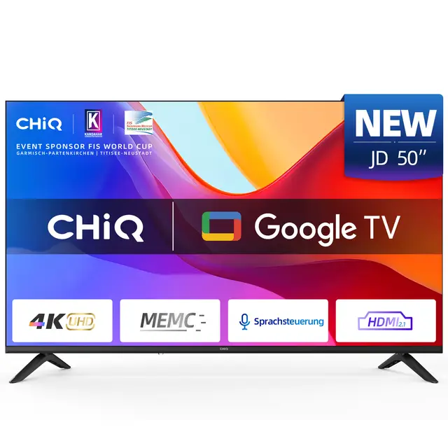 CHiQ U50JD 50 Zoll (127 cm) 4K Ultra HD Smart-TV, Google TV, HDR10, MEMC & ALLM, Bluetooth 5.1, 5000:1 Kontrastverhältnis, Dolby Audio, rahmenloses Metall-Design