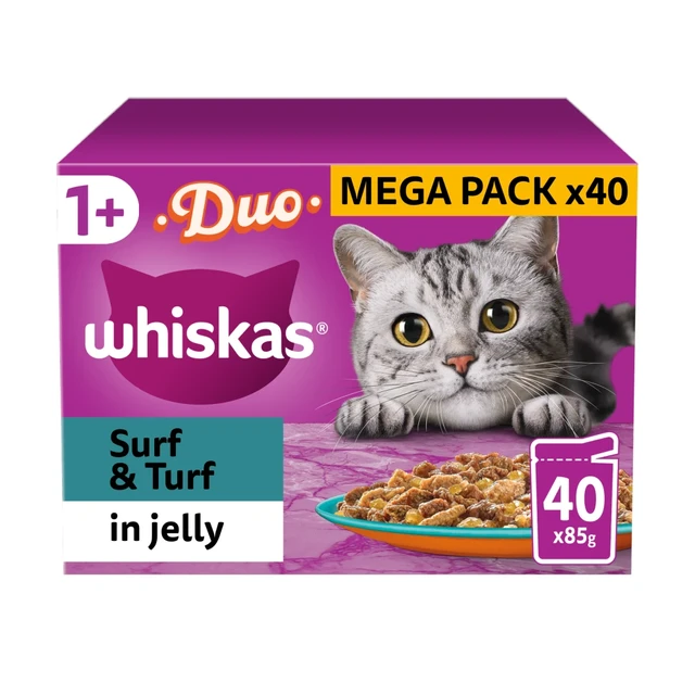 Whiskas 1+ Duo Surf and Turf Adult Wet Cat Food Pouches in Jelly 40 x 85g