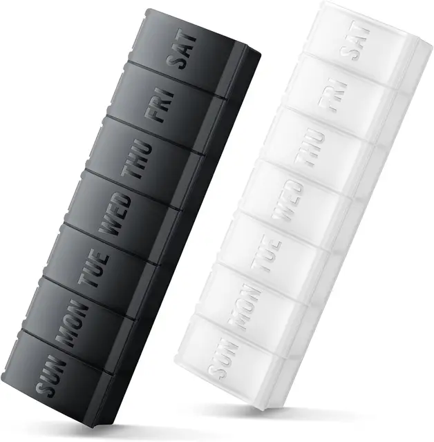 VVM 7-daagse pillenorganizer, wekelijkse medicijndoos, pillendoos voor op reis, geschikt voor grote vitamines, supplementen, visolie, zwart+wit 2 stuks