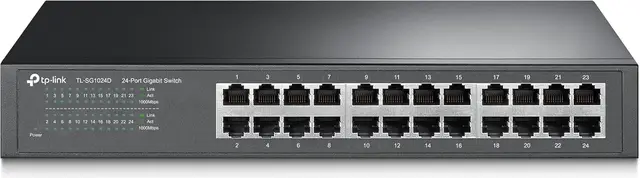 TP-Link TL-SG1024D 24-Port-Gigabit-Netzwerkswitch (Rackmount, 48 Gbit/s Switching-Kapazität, 24 RJ-45 Ports, Metallgehäuse, IGMP-Snooping, unmanaged, Plug-and-Play) schwarz