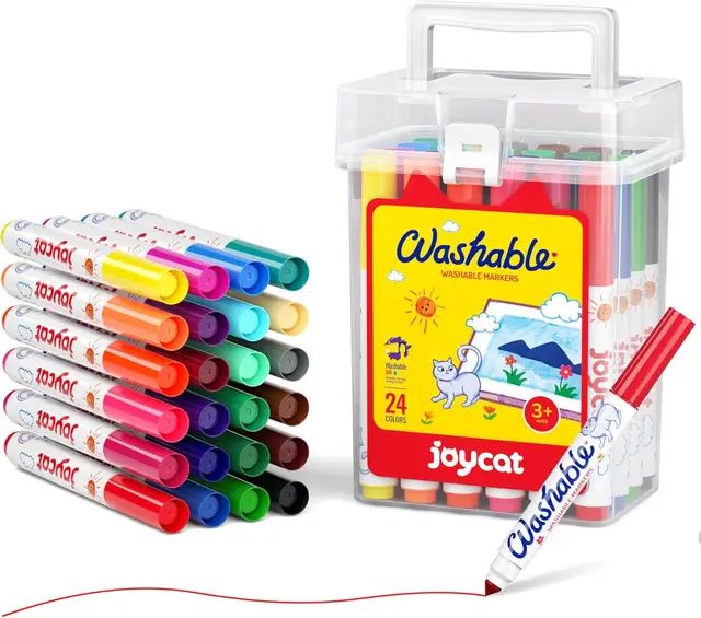 JoyCat 24-delige set met wasbare markers, 24 kleuren, inclusief draag- en opbergkoffer, ideaal voor kinderen, perfect voor jongens en meisjes, groot voor school en klaslokaal, jaarverloopverkoop, top cadeaukeuzes