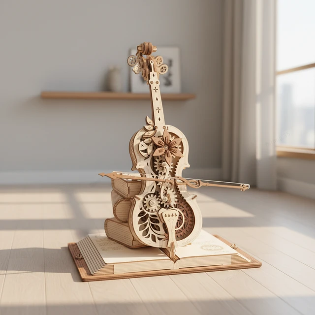 Robotime ROKR Magic Cello 3d houten puzzel bouwspeelgoed 27,5 x 27,5 x 47,5 cm, 1 stuk,Wooninrichting, boekenkastdecoratie,Handgemaakte cadeaus voor volwassenen en tieners,Onderwijs speelgoed