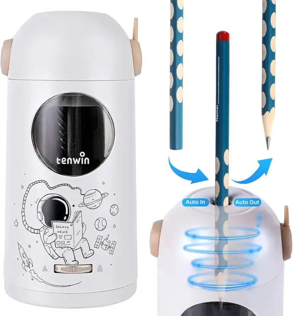 tenwin Fully Automatic Electric Pencil Sharpener, Rechargeable with Container for 7-11.5mm Pencils & Colored Pencils, Fast Sharpening, Portable and Safe for Home, Office, School Use (Silver)