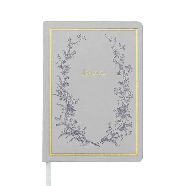Jubiluu A5 Floral Fabric Hardcover Lined Notebook - 96 Sheets (100g offset paper), Bookmark & Elastic Band - Classic Cream Ruled Journal for Writing, School, Office, and Gifts-Blue Wreath