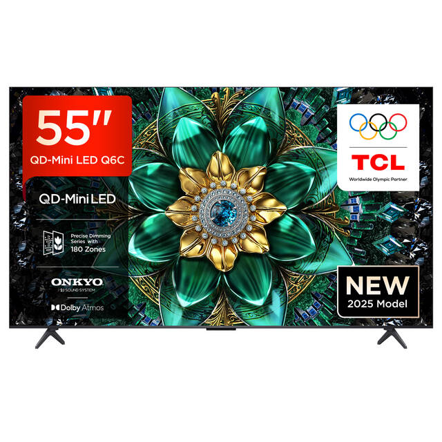 TCL 55Q6C QLED Mini LED TV, 55 Inch, 4K HDR Premium, Dolby Vision IQ & Atmos, Onkyo 2.1 Sound, Smart TV with Google TV, Game Master, 144Hz Motion Clarity Pro, AMD FreeSync Premium Pro, HDMI 2.1, AirPlay 2, Google Assistant & Alexa