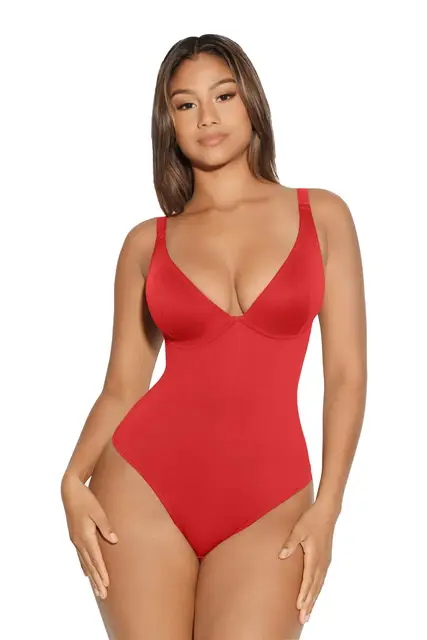 Feelingirl Valentine's Day Style Plunge V-Neck Sexy Vibe Thong One-Piece Tummy control Bodysuit for Women S Red