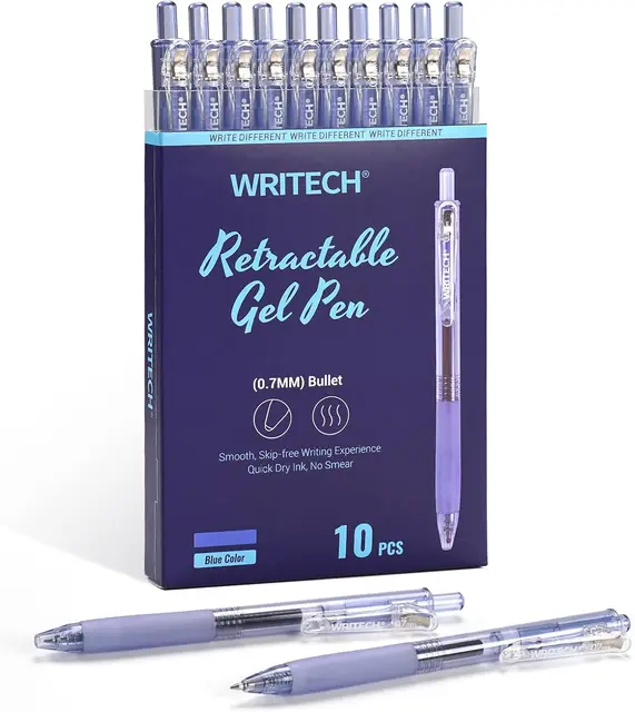 WRITECH Retraktible Gelroller: 0,7 mm mittlere Spitze, blau tönende Tinte fürs Tagebuchschreiben, glatter Schreibfluss, schnelltrocknende Tinte, kein Durchschreiben, Set mit 10 Stück