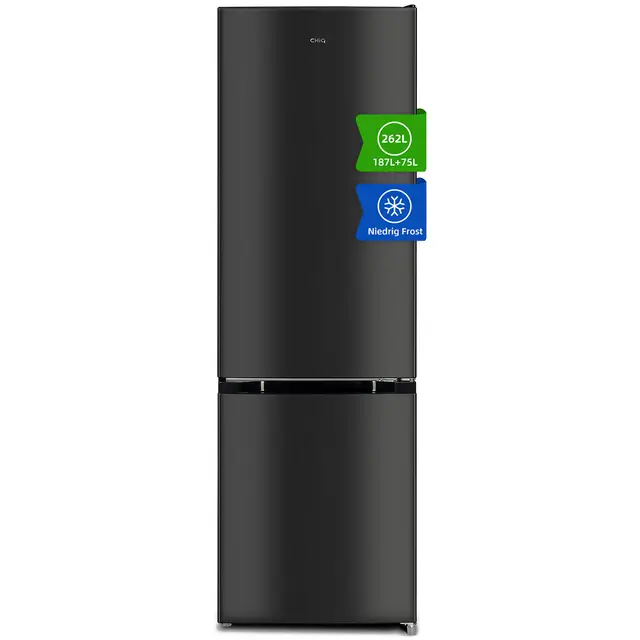 CHiQ Kühlschrank, Kombination, 262L, 176 x 54 x 55 cm (HxBxT), 215 kWh/Jahr, Kühl-Gefrierkombination, Low-frost, Frischhalteboxen, Dunkler Edelstahl Look groß, EEK E, für Küche/Haushalt/Wohnung, FBM260L, 2025