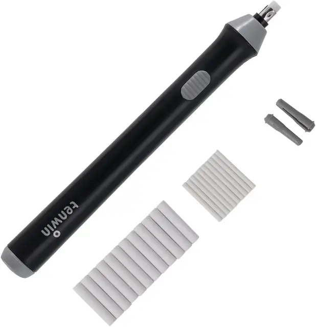 tenwin Electric Eraser Kit, Battery Operated, with 22 Extra Replaceable Erasers, Automatic Portable Pencil Eraser for Artists, Sketching, Drawing, Graphite Pencils (Black)