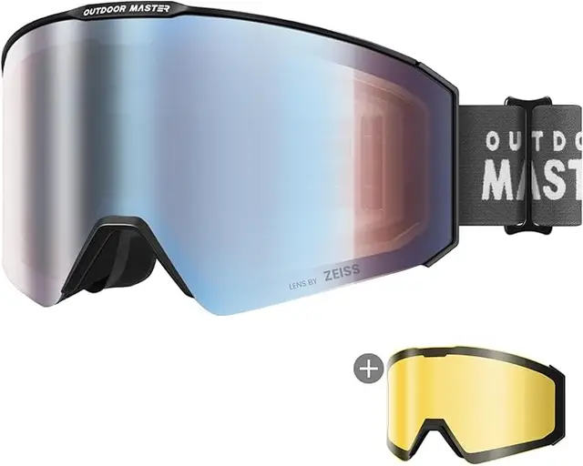 OutdoorMaster Falcon Zeiss Ski Goggles Set Black Frame Uniform ML Blue Frozen VLT 18.6% for Adults