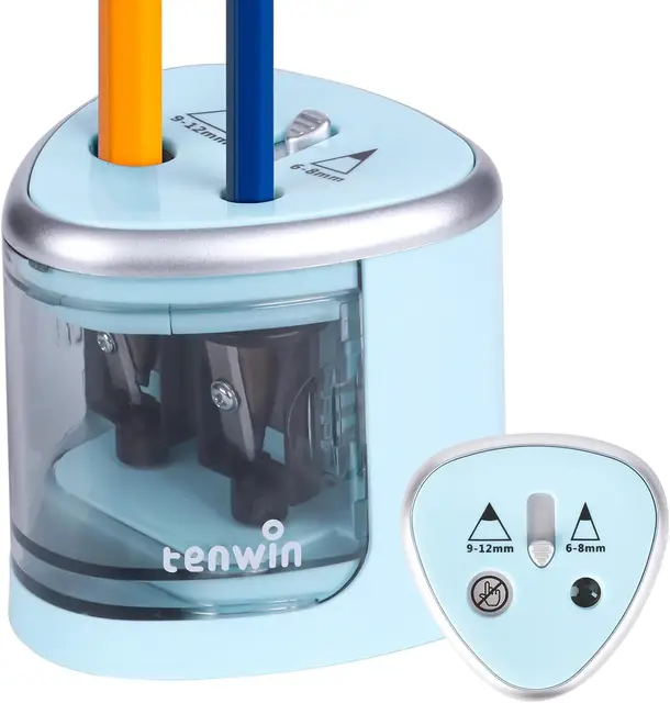 tenwin Electric Pencil Sharpener, Double Hole Battery Operated, for 6-12mm No. 2 / Coloured Pencils, Blue