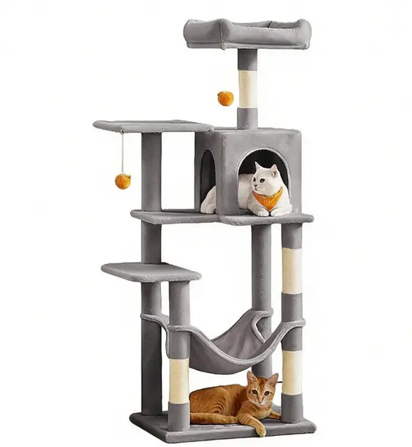 Feandrea Arbre à chat avec griffoirs, perchoirs, cabane, hamac et pompons gris clair - 143 cm