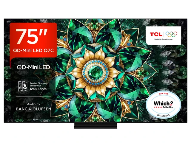 TCL 75Q7C-UK 75” QD-Mini LED TV, 4K UHD, Smart Google TV with 144Hz Motion Clarity Pro, Dolby Atmos​, Audio by Bang & Olufsen, Game Master