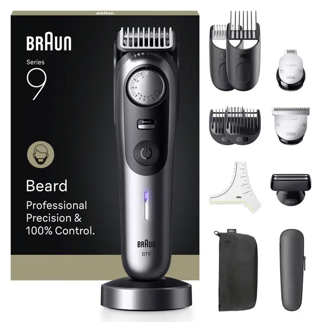 Braun Beard Trimmer Series 9 BT9560, +12 Barbering Tools, 52 Lengths, ProBlade, Chrome