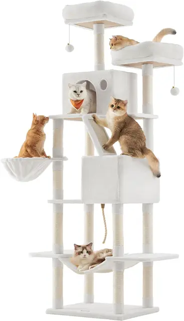 FEANDREA Poteau à griffer pour chat, 206 cm de haut, avec 13 barres à griffer, 2 plateformes, 2 niches, panier suspendu, hamac, franges, revêtement en tissu polaire, design multi-niveaux adapté aux chats intérieurs, coloris crème, modèle PCT190T01