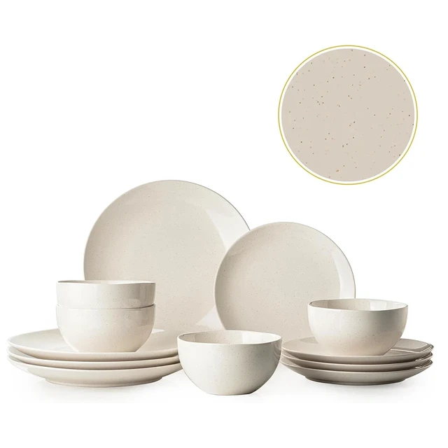 Dafuceramic Sets mit Tellern und Schalen, 12-teiliges modernes Steingobelin-Dinnerwaren-Set für 4 Personen, Keramik-Tellerset, mikrowellengeeignet und spülmaschinenfest (Weiß)