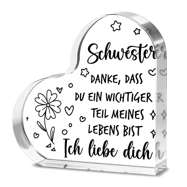 Alphynix Herz-Akryl-Plakette, 1 Stück, „Schwester DANKE, dass du ein wichtiger Teil meines Lebens bist“, Geschenk mit handgezeichneten Sternen und Blumenmotiven
