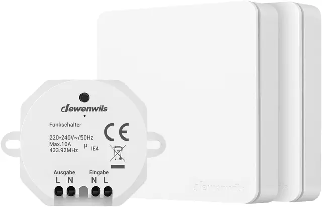 Dewenwils Funk-Lichtschalter-Set, 2 Wandschalter für Lampen, keine Verkabelung erforderlich, bis zu 2300 W, 30 m Reichweite, weiß