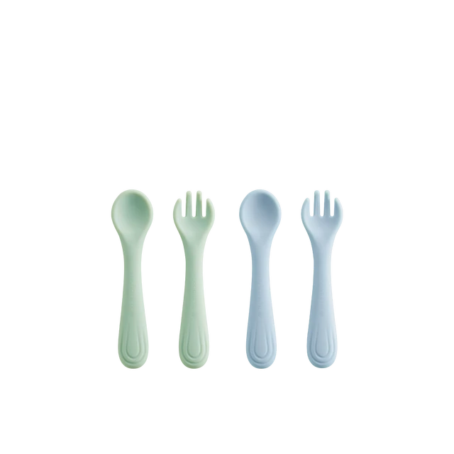 BC Babycare Kit cuillère et fourchette en silicone mini poignée, ustensiles pour repas autonome, pour bébés de plus de 6 mois, sans BPA – Diversification et autonomie, Vert + Bleu