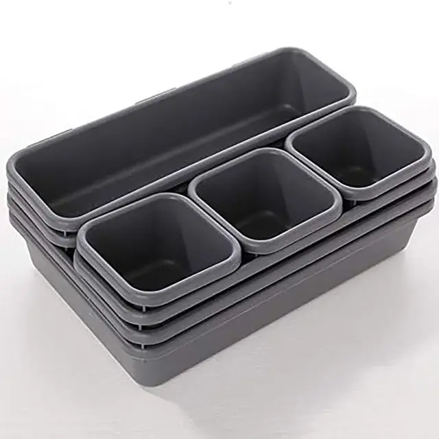 1 Set Schubladen-Organizer-Boxen mit integriertem Trennsystem, verstellbaren Trennwänden und großzügigem Stauraum für Geschirr. Geeignet für Schubladen, aus Kunststoff, anthrazitgrau.