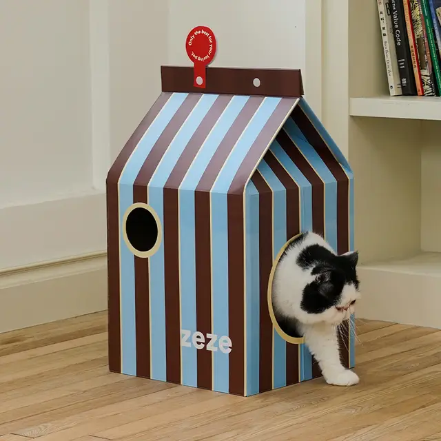 ZEZE Maison pour chat à rayures bleues et marron